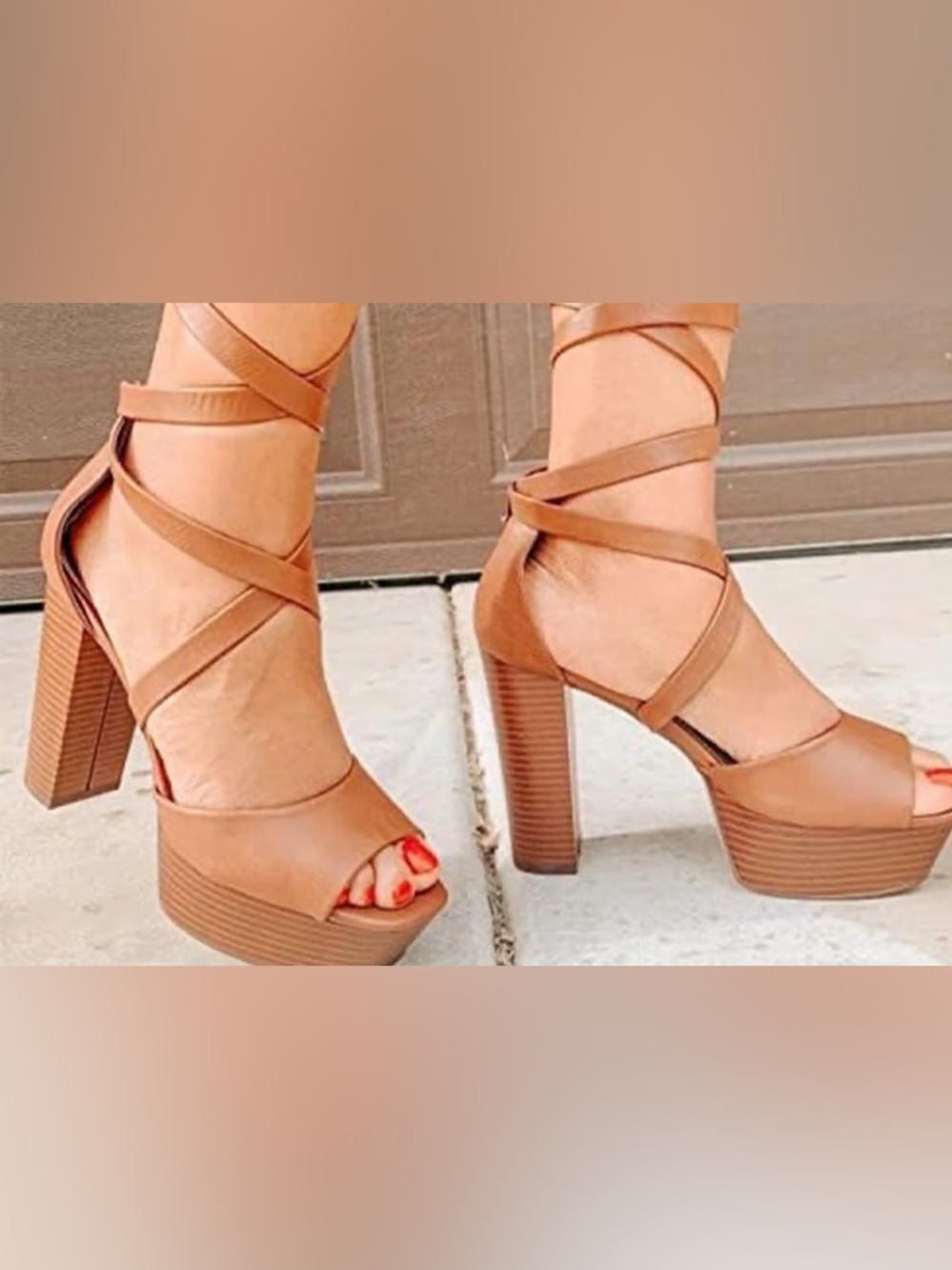 Shoe Dazzle Cognac Wraparound Platform Block Heels